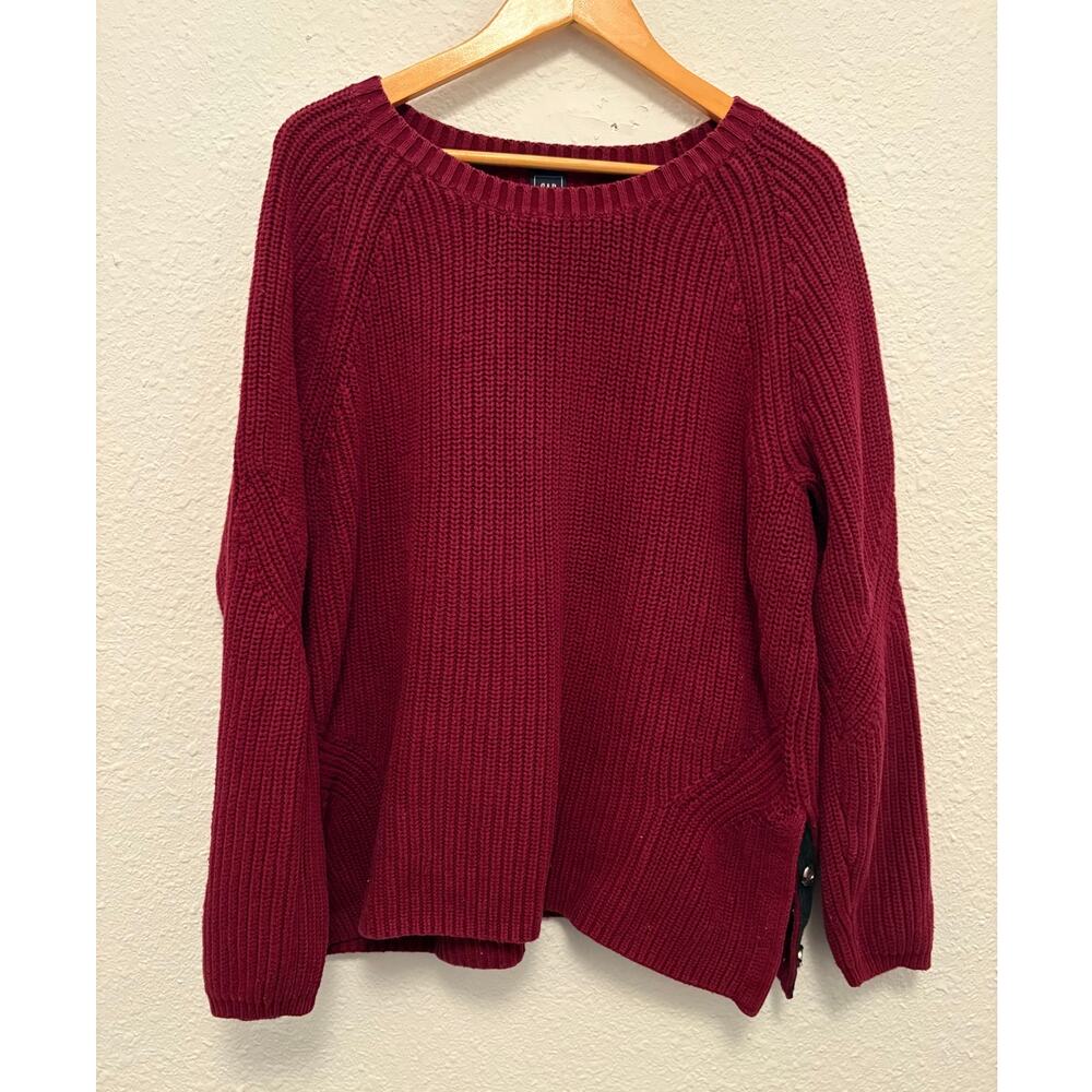 Gap Cotton Sweater XL Fisherman Knit Tunic Snap Side Berry Red